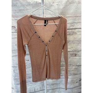 UO‎ Out From Under Ribbed Henley Long Sleeve Top Blush/Nude Button Up Shirt MM